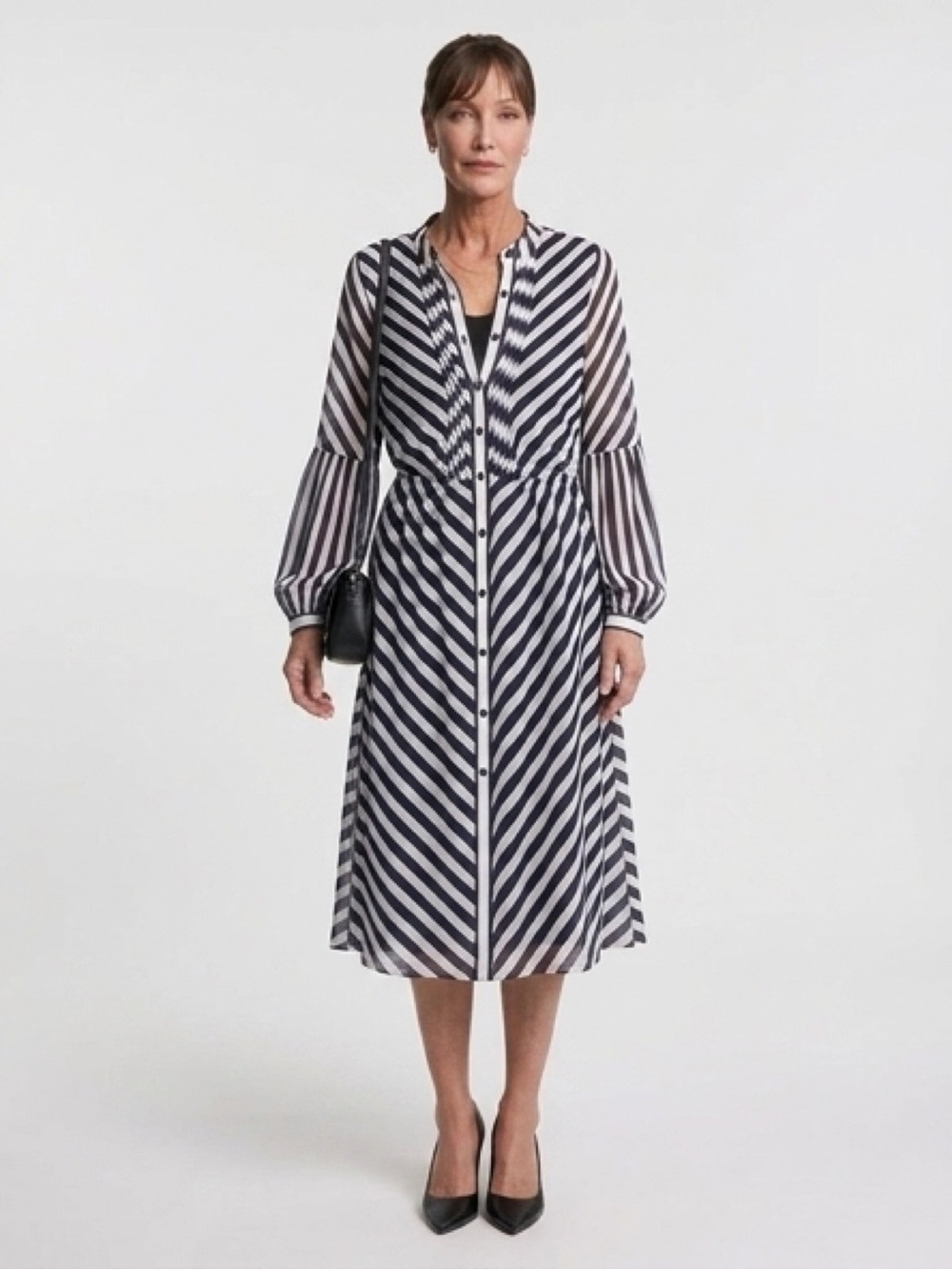 Michael Kors Navy and White Striped Long-Sleeve Button Dress, Size L